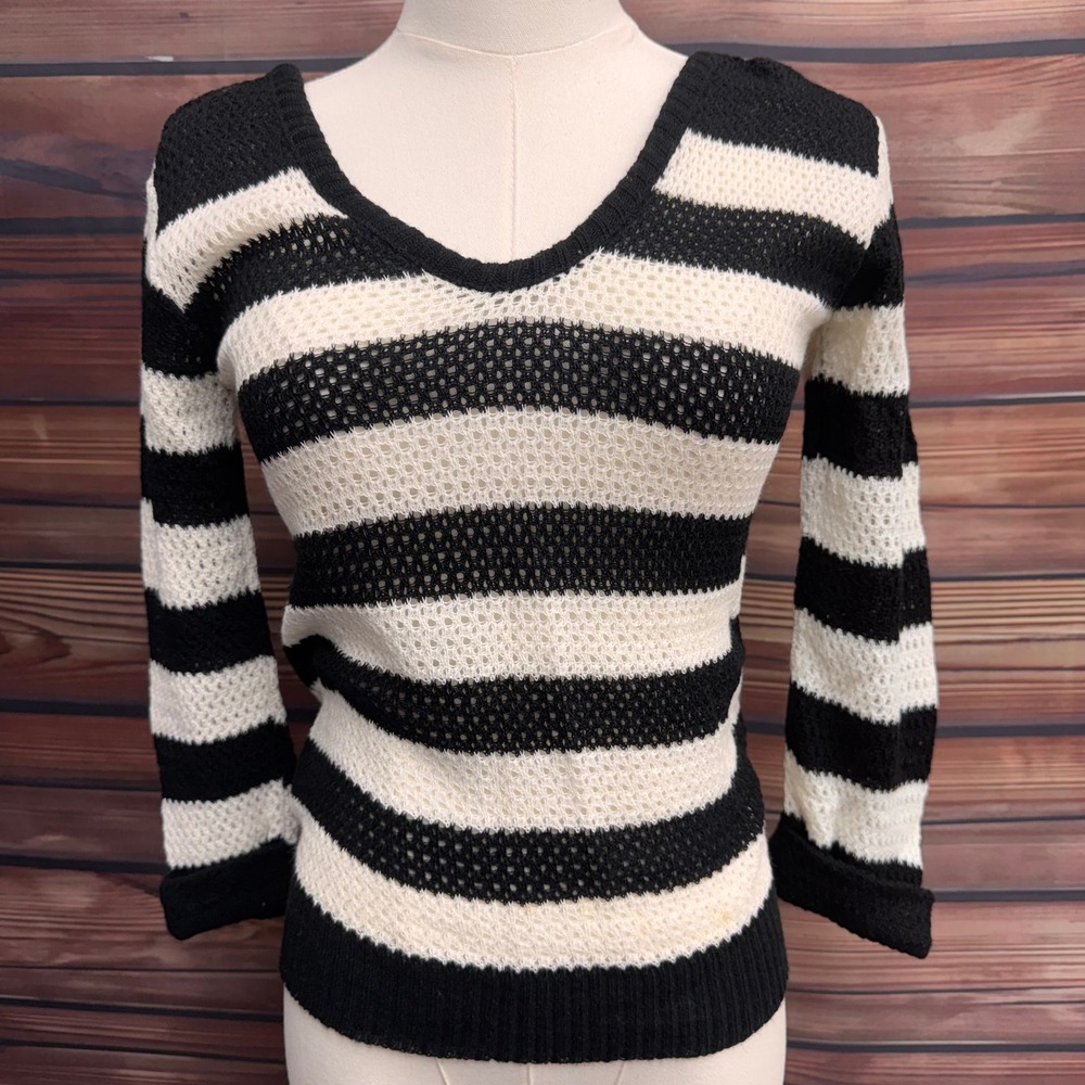 Vintage Cotton Country Black White Striped Open Knit Sweater Medium